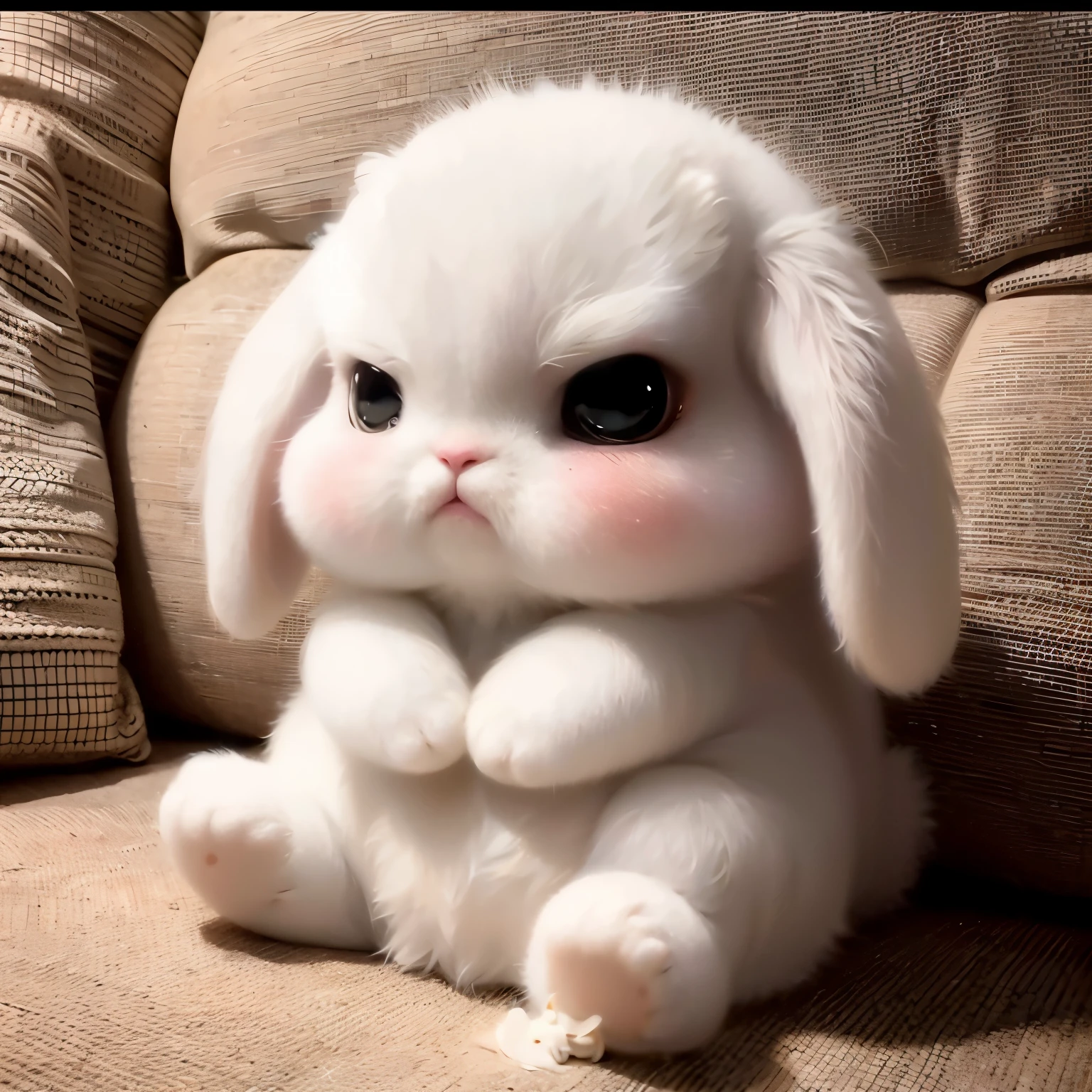 There is a white rabbit sitting on the sofa，Paws crossed, Cute anthropomorphic rabbit, 世界上最cute creature, He is shedding tears，Cute and charming, The cutest creature in the world, adorable animal, Cute numbers, Very cute, Lovely Lovely, beautiful and cute, With cute and doting eyes, Cute and adorable, cute creature, 又Cute and adorable