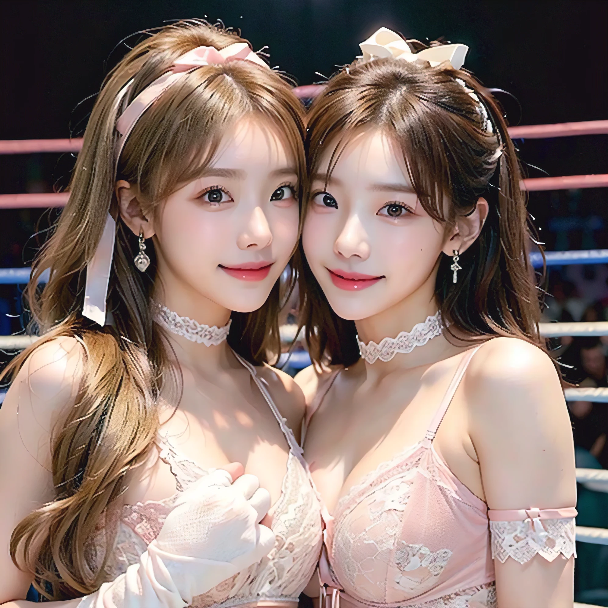 ((masterpiece: 1.4, best quality))+,(ultra detail)+, official art, unity 8k wallpaper, ultra detail, beautiful, high quality, Highlight your cute face, masterpiece, best quality, semi straight medium length hair, Bangs up to the eyebrows, (((Always in the pro wrestling ring))), (Very light pink lace lingerie:1.5)), (((bust:1.5))), High exposure, skinny body,masterpiece, high quality, 8 thousand, beautiful spotlight, no. no. No. 1 girl group idol in Korea, ((vivid:1.5)), ((brown eyes, blonde hair:1.3)), (Small and round breasts:1.2), ((colorful earrings, white neck choker, white short lace gloves)), 18 years old, small face, Looking at the viewer, (hairpin with larger ribbon:1.4),(skinny abs:1.1), (They look at each other and look very happy :1.5), ((Both cheeks turn red)), Accurately distinguishes between the bodies and limbs of two people..:1.5