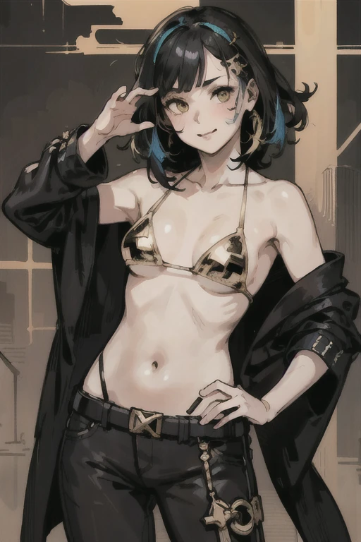 (High resolution), (Ultra delicate), (clear), Realistic,((A girl with black hair and gold inner color)).(((cyber punk))),face,Skin realism、High jumps、かわいい笑face、hilarious pose、A fusion of Japanese style and the near future、bikini pants