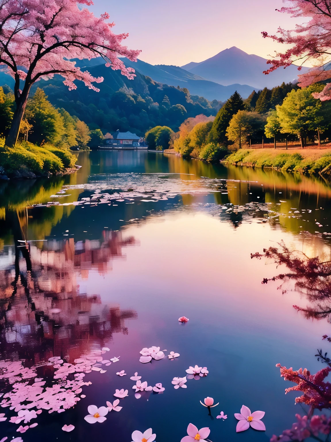 Lake surface at sunset Cherry blossom petals fluttering Awesome Wallpapers Landscape without people Nostalgic scene Highly detailed digital art in 4K Burning sky