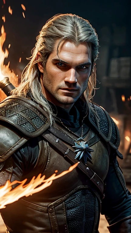 Man, witcher, henry cavill, fire all around, sparks, fire explosion, element, strength, Brutality, Blue eyes, vortex, energy, irresistible charm, weapon, high quality, masterpiece
