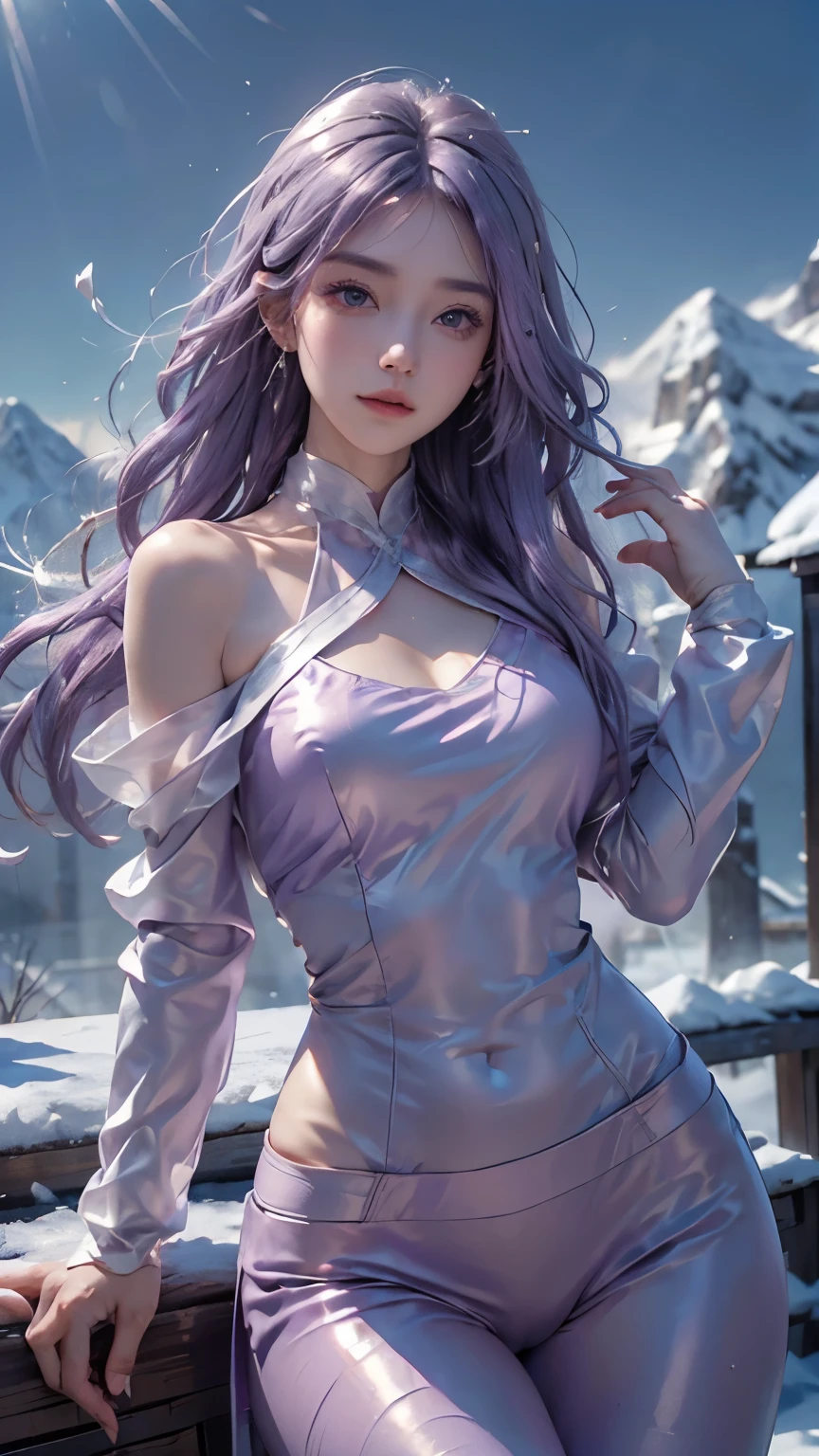 (logo、masterpiece、8k、Tabletop、RAW Photos、wonderful、最high quality、フォトリアルでVery detailedなCG統合8k壁紙、high quality、Very detailed、Narrative poem、Particle Effects、Dynamic Effects、Depth of text、Cinematic Light、Lens flare、Ray Tracing)、Fantasy、(1 beauty、Light purple hair、Beautiful Face、Real Face、Detailed eyes、Beautiful Skin、woman dancing gracefully:1.7、woman dancing gracefully:1.7)、Windになびく髪、髪弾む髪がWindに舞う、Hair Jump、Light purple halter neck、Light purple leather pants suit、Light purple leather jacket、Silver Earrings、night、Wind、darkness、雪とhoarfrost、Frozen Winter Day、snow-capped mountains and forests、hoarfrost、Snow-capped mountain々、The beauty and brilliance of frost-covered trees、Silent and beautiful grasslands in a world of ice and snow、vast land、Lakeside、wonderful景色、美しい自然のWindの景色、night空、Wind、cherry blossoms、cherry blossomsの花びらが舞っている、cherry blossoms吹雪、Falling petals