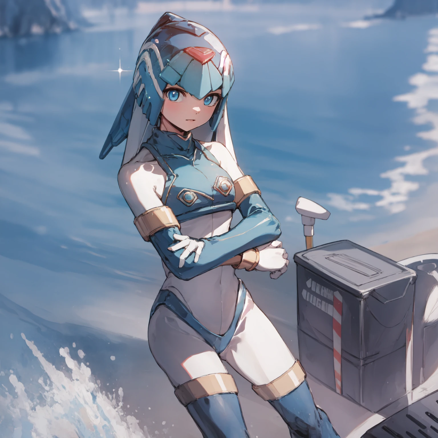 beach background, Standing, looking towards the sea  flushed  ,Blue eyes , no helmet , Blue hair, Gaming headphones worn on the head 