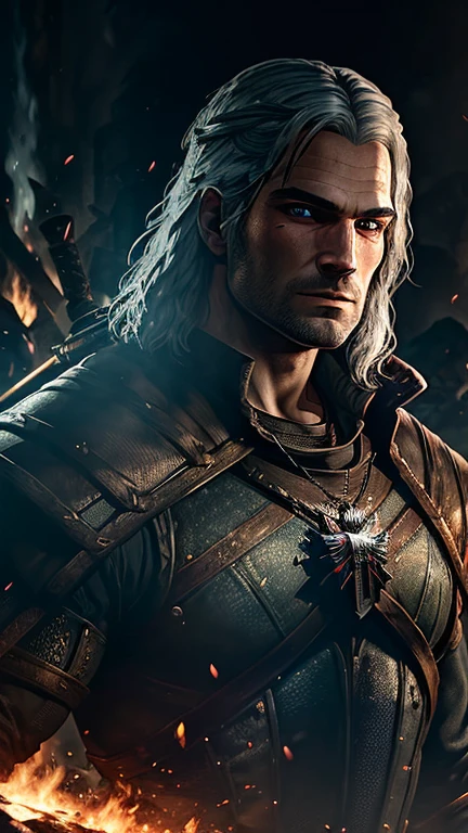 Man, witcher, henry cavill, fire all around, sparks, fire explosion, element, strength, Brutality, Blue eyes, vortex, energy, irresistible charm, weapon, high quality, masterpiece