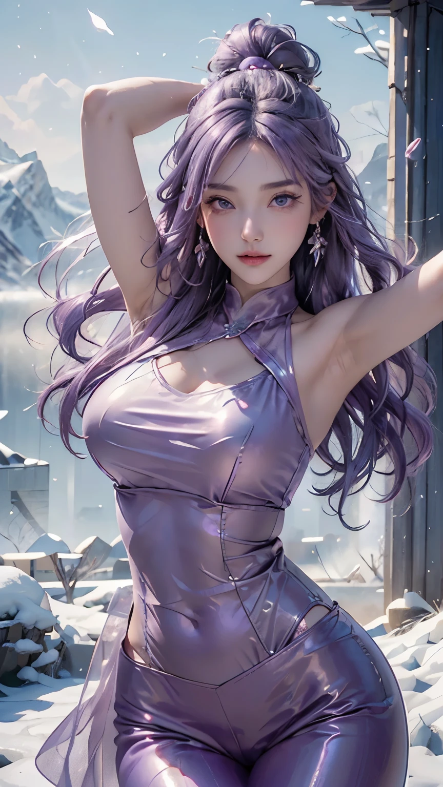 (logo、masterpiece、8k、Tabletop、RAW Photos、wonderful、最high quality、フォトリアルでVery detailedなCG統合8k壁紙、high quality、Very detailed、Narrative poem、Particle Effects、Dynamic Effects、Depth of text、Cinematic Light、Lens flare、Ray Tracing)、Fantasy、(1 beauty、Light purple hair、Beautiful Face、Real Face、Detailed eyes、Beautiful Skin、woman dancing gracefully:1.7、woman dancing gracefully:1.7)、Windになびく髪、髪弾む髪がWindに舞う、Hair Jump、Light purple halter neck、Light purple leather pants suit、Light purple leather jacket、Silver Earrings、night、Wind、darkness、雪とhoarfrost、Frozen Winter Day、snow-capped mountains and forests、hoarfrost、Snow-capped mountain々、The beauty and brilliance of frost-covered trees、Silent and beautiful grasslands in a world of ice and snow、vast land、Lakeside、wonderful景色、美しい自然のWindの景色、night空、Wind、cherry blossoms、cherry blossomsの花びらが舞っている、cherry blossoms吹雪、Falling petals