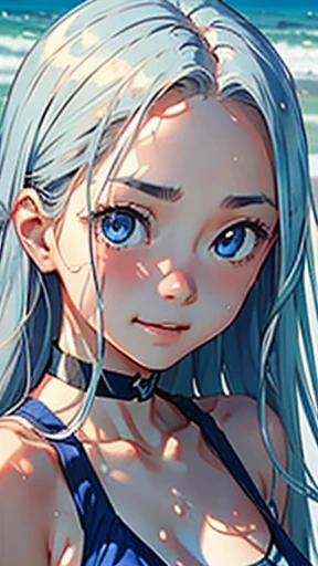 highest quality、Realistic、Japanese、Women、cute、cobalt blue eyes、long hair、Silver Hair、all back、Forehead is coming out、Strong winds、Ocean、Midsummer、Sweat、Sunburned skin、Blue swimsuit、joy、Grinning、face close up、Small breasts、slender