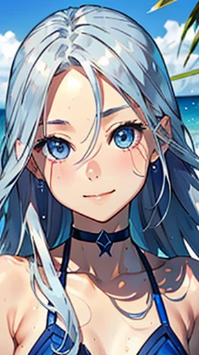 highest quality、Realistic、Japanese、Women、cute、cobalt blue eyes、long hair、Silver Hair、all back、Forehead is coming out、Strong winds、Ocean、Midsummer、Sweat、Sunburned skin、Blue swimsuit、joy、Grinning、face close up、Small breasts、slender