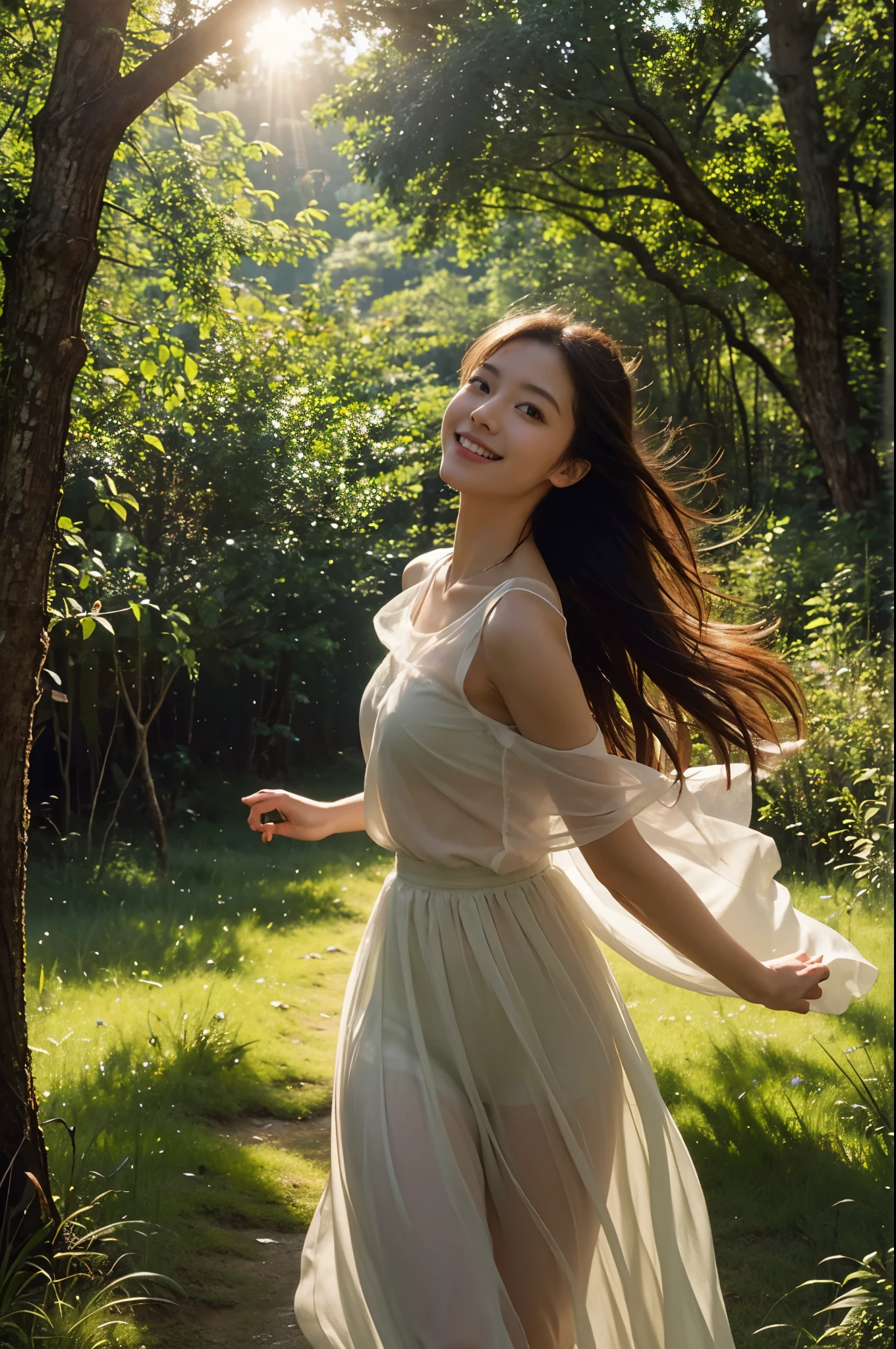 High resolution, (Official Art, beautifully、aesthetic: 1.2), Close-up, vast world, girl, running, A refreshing smile, Sheer long skirt, distant horizon, forest, Natural Beauty, Inspiration, Light effects、(Browsing Caution: 1.2)