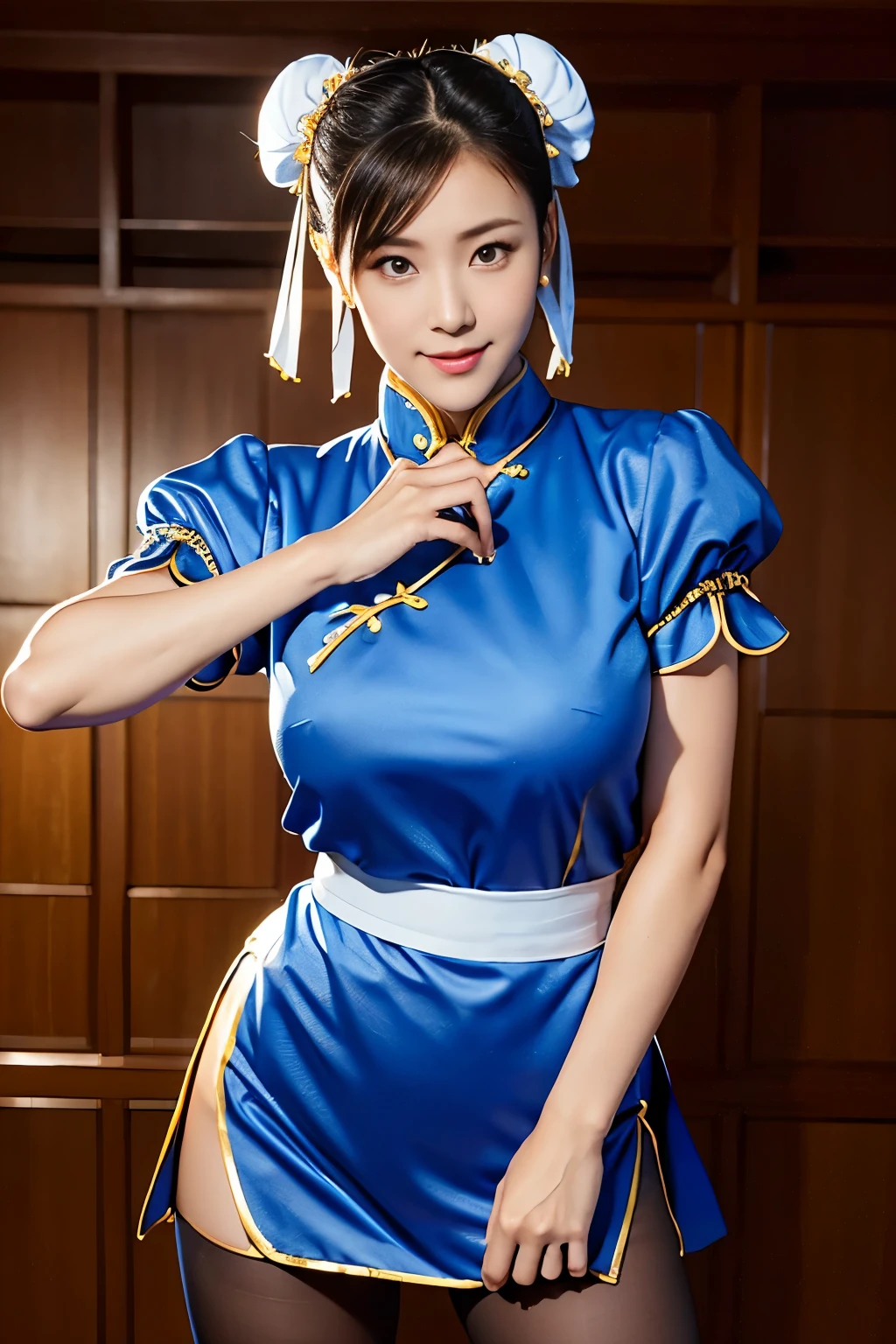 Chun-Li from Street Fight II,perfect chun li costume,blue cheongsam with gold lines,Bun Head,Good cover,whole body,ハイkick,kick、Lift your legs,masterpiece、1. Beautiful Girls、Fine grain、Puffy eyes、highest quality, 超High resolution, (reality: 1.4), Cinema lighting、Super beautiful、Beautiful Skin、(超reality的な)、(High resolution)、(8K)、(very detailed)、(美しくFine grain)、(Very detailed)、 (wall-)、Detailed face、Bright lighting、Professional Lighting、slanted bangasterpiece, highest quality, masterpiece, highest quality, Perfect Face, perfect brown eyes with white sclera, Bad move - 5, alone, 1 girl, brown hair, From SF2, Chinese service, smile, Muscular woman, Blue clothes, pantyhose, Pelvic Curtain, Puffy short sleeves, Good cover, sash, evaluation:safety