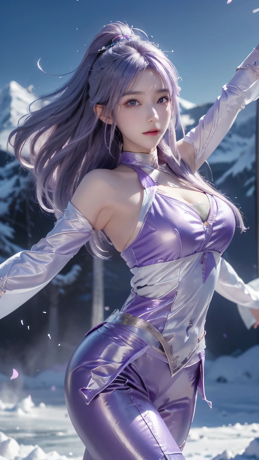 (logo、masterpiece、8k、Tabletop、RAW Photos、wonderful、最high quality、フォトリアルでVery detailedなCG統合8k壁紙、high quality、Very detailed、Narrative poem、Particle Effects、Dynamic Effects、Depth of text、Cinematic Light、Lens flare、Ray Tracing）、Fantasy、（1 beauty、Light purple hair、Beautiful Face、Real Face、Detailed eyes、Beautiful Skin、woman dancing gracefully:1.7、woman dancing gracefully:1.7)、Windになびく髪、髪弾む髪がWindに舞う、Hair Jump、Light purple halter neck、Light purple leather pants suit、Light purple leather jacket、Silver Earrings、night、Wind、darkness、雪とhoarfrost、Frozen Winter Day、snow-capped mountains and forests、hoarfrost、Snow-capped mountain々、The beauty and brilliance of frost-covered trees、Silent and beautiful grasslands in a world of ice and snow、vast land、Lakeside、wonderful景色、美しい自然のWindの景色、night空、Wind、cherry blossoms、cherry blossomsの花びらが舞っている、cherry blossoms吹雪、Falling petals