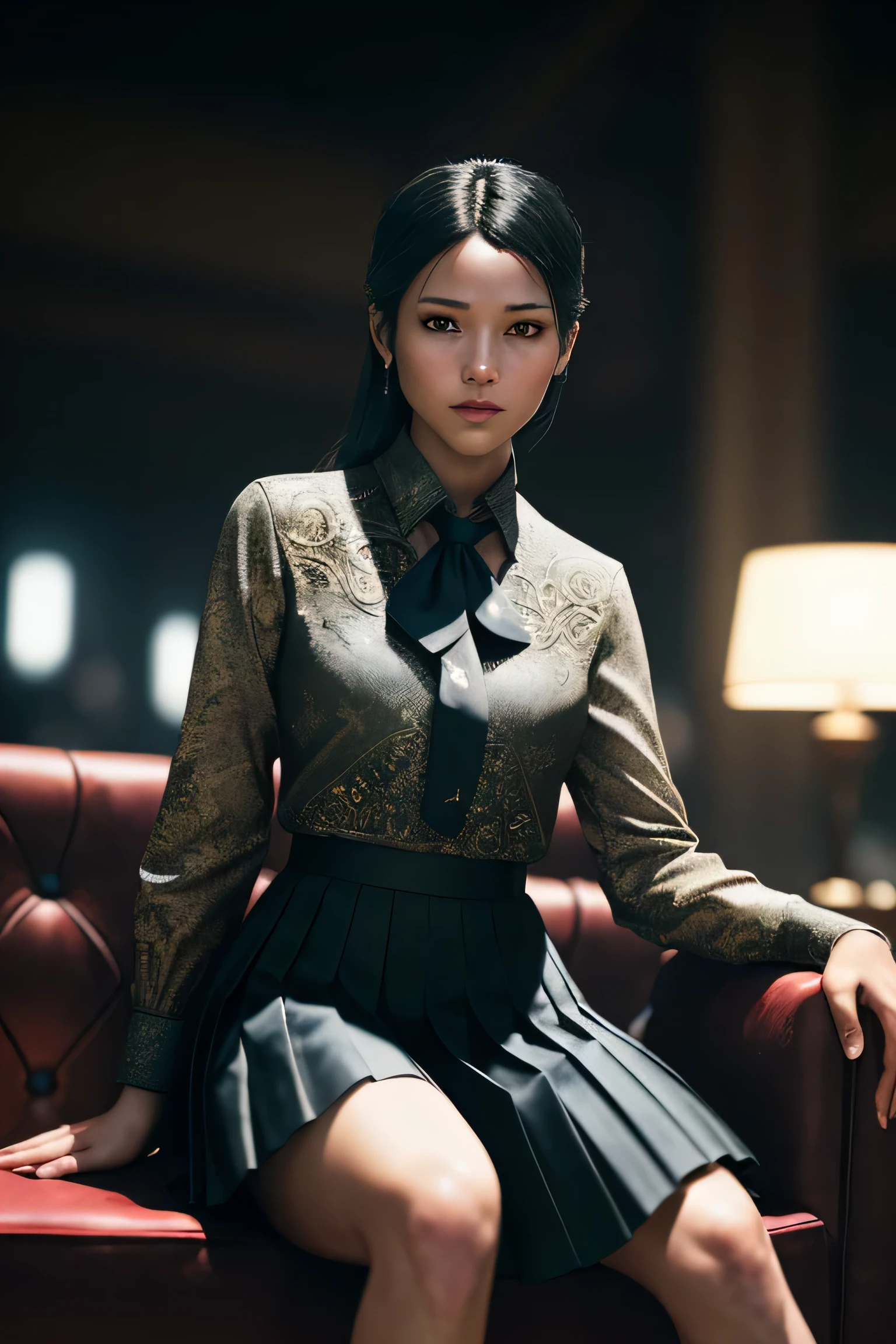 (masterpiece), (extremely intricate:1.3), (realistic), portrait of a girl, (dark fantasy, gore), (dynamic perspective), the most beautiful in the world, (kick viewers lightly), indoors, from below, shirt, tie, pleated skirt, high-heeled sandals, smirk, distant couch, Hirosaki, Aomori, professional photograph of a stunning woman detailed, sharp focus, dramatic, award winning, cinematic lighting, octane render unreal engine, volumetrics dtx, (film grain, blurry background, blurry foreground, bokeh, depth of field)
