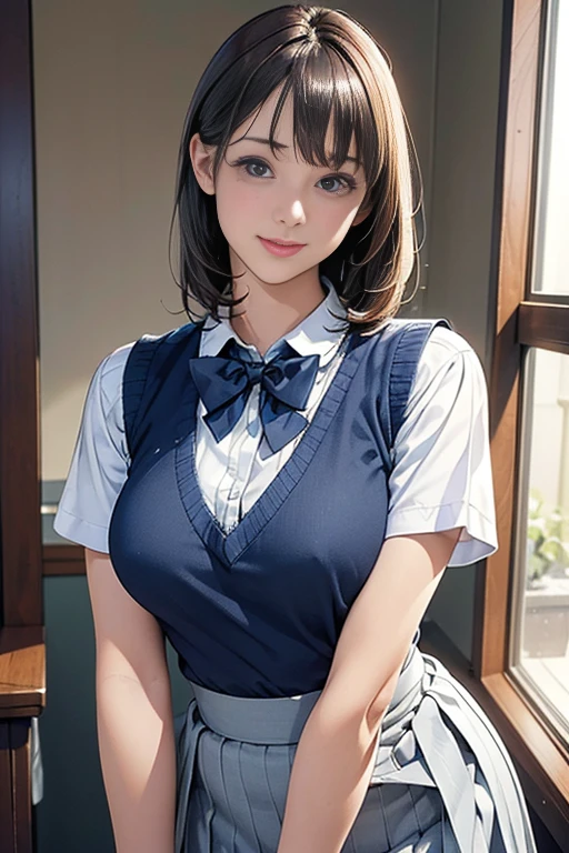 (masterpiece:1.2, highest quality), (Realistic, photoRealistic:1.4), Beautiful illustrations, (Natural Side Lighting, movie lighting), Written boundary depth,
Looking at the audience, (face focus, Upper Body), Front view, 1 girl, English, high school girl, , Perfect Face, Symmetrical cute face, Shiny skin,
(bob hair:1.7,blonde), Asymmetrical bangs, Big eyes, Droopy eyes, long eyelashes chest), thin,
Beautiful Hair, Beautiful Face, Beautiful and beautiful eyes, Beautiful clavicle, Beautiful body, Beautiful breasts, Beautiful thighs, Beautiful legs, Beautiful fingers,
((High-quality fabric, brown knit vest, Short sleeve white collar shirt, navy pleated skirt, Navy bow tie)),
(Beautiful views), evening, (Inside the flower shop), Are standing, (smile, Superior, Open your mouth), (((Skirt flip, I can see your pants)))