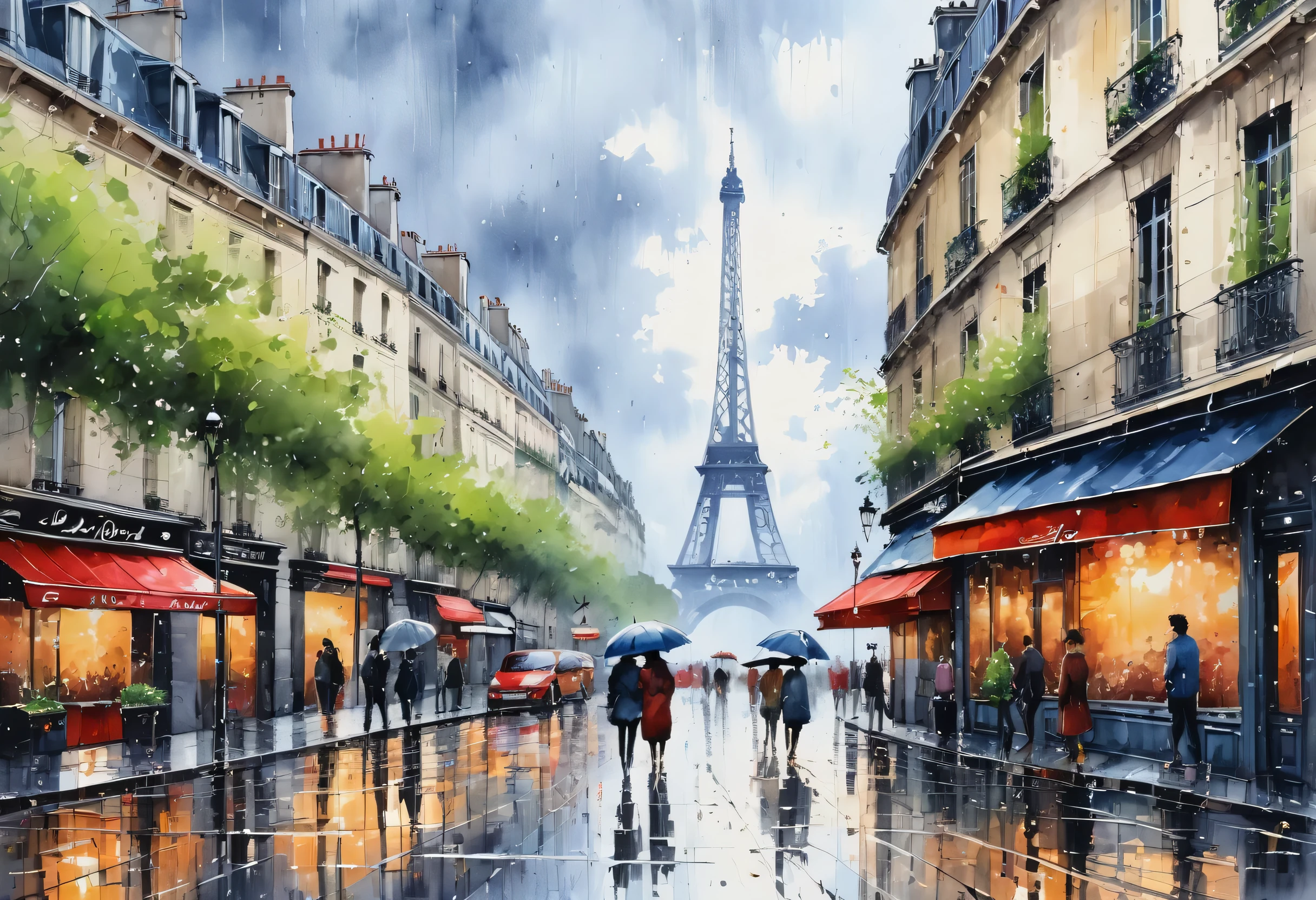 A painting of a city scene with a couple walking down the street, Beautiful Cityscape, City of Paris, In Paris, Outdoor European cityscape, watercolor style, The city of Paris, modern european ink painting, portrait of paris, beautiful picture of tall people, Inspired by Antoine Blanchard, beautiful picture, Against the backdrop of a rainy city, oil painting style, romantic paintings, Beautiful City