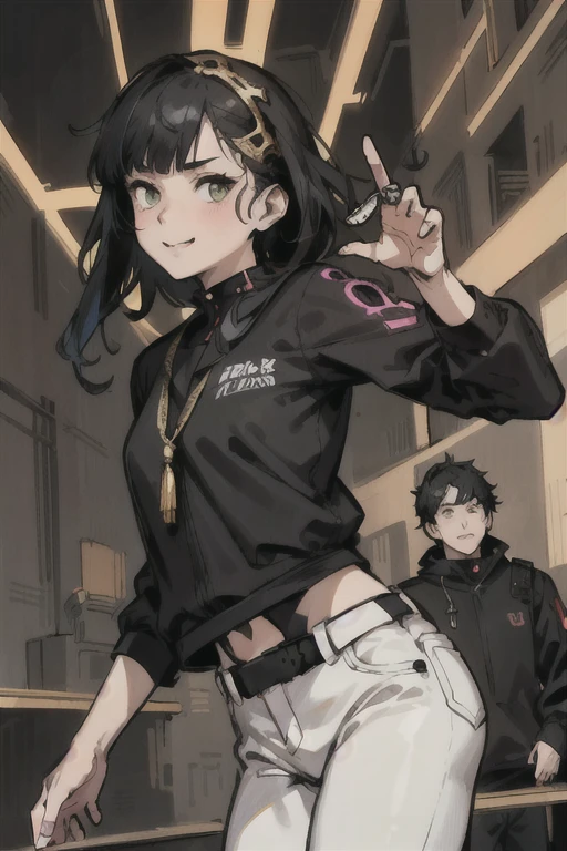 (High resolution), (Ultra delicate), (clear), Realistic，((A girl with black hair and gold inner color)).（((cyber punk))），face，Skin realism、High jumps、かわいい笑face、hilarious pose、A fusion of Japanese style and the near future、white hot pants