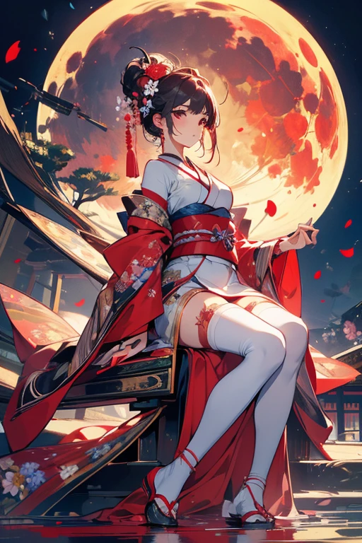 1girl, solo, full body, long hair, dark hair, hair ornaments, red eyes, light tanned body, toned body, large breasts, big butt, wearing a black qipao, black pantyhose, standing on top of a mountain looking over a vast forest, looking at the side, red moon in the sky,