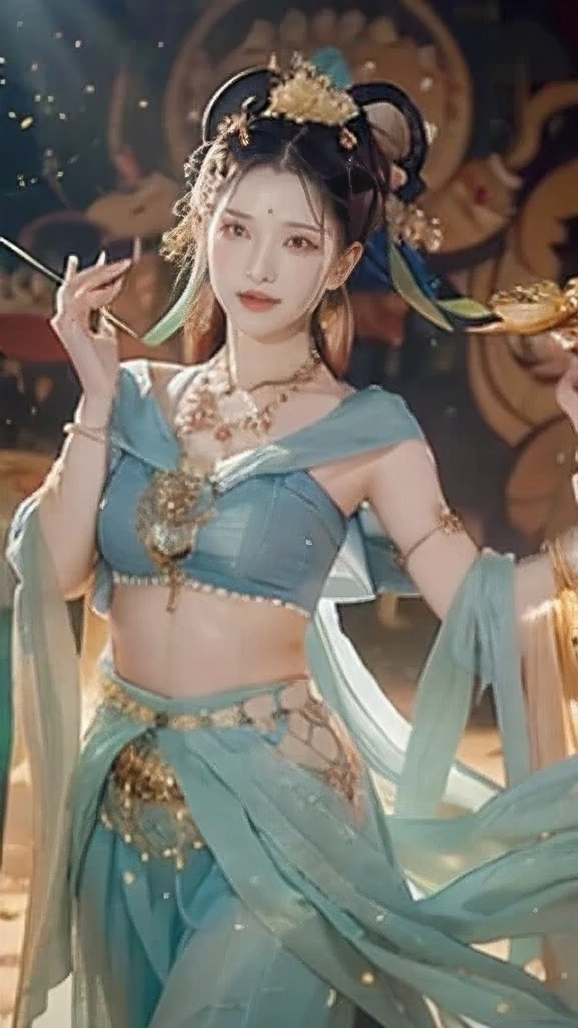 (8k, RAW photo, best quality, masterpiece: 1.2), (realistic, photorealistic: 1.4), (extremely detailed CG unity 8k wallpaper), 1 girl solo, dance, dunhuang_dress, dunhuang_style, a huge moon background, Dunhuang, Flying above the moon, Holding a perfectly proportioned red wine bottle in his hand, with perfect hands and delicate fingers,
