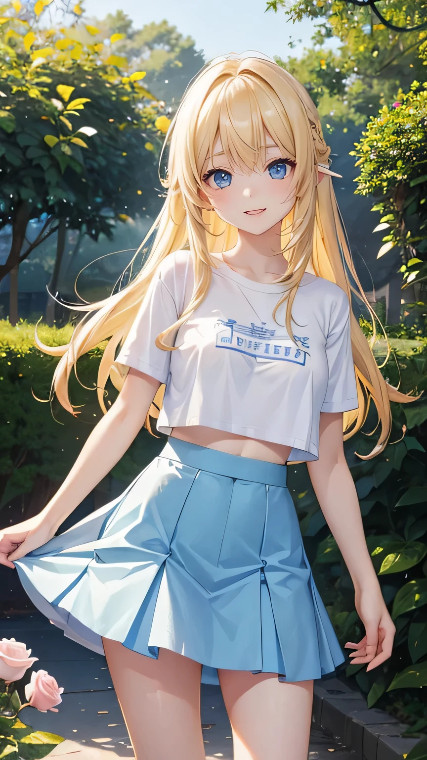 Very cute girl、(14 years old)、light yellow hair、Long Straight Hair、Bangs are too close to the eye、Light Blue Eye、(Normal human ear)、Thin arms、Beautiful body、Slim legs、large, well-shaped breasts,、clear white skin、smile、(Open-chested T-shirt、mini skirt、White and blue)、I know the shape of the nipples、(rose garden)、Ultra HD、Digital SLR、