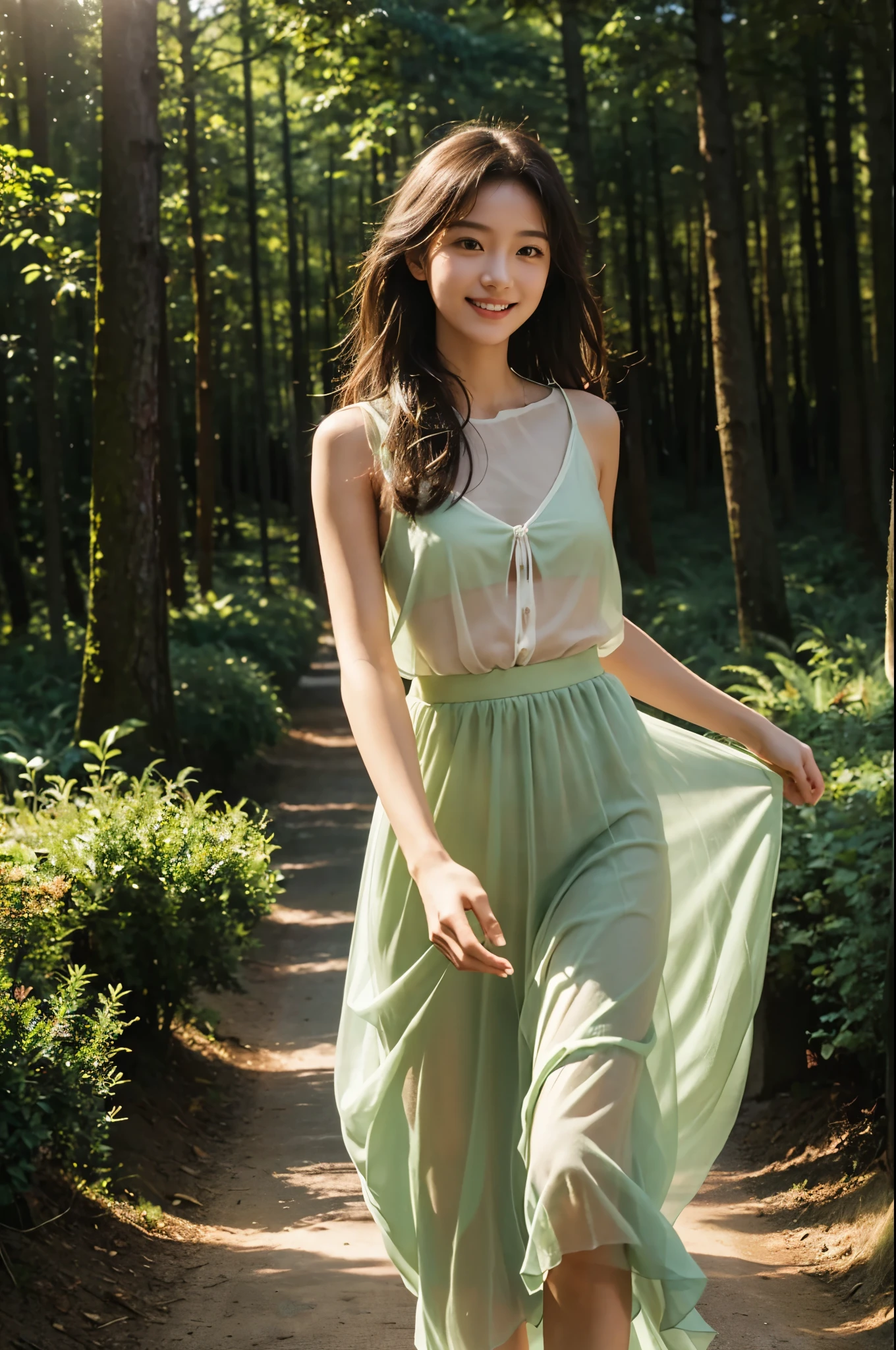 High resolution, (Official Art, beautifully、aesthetic: 1.2), Close-up, vast world, girl, running, A refreshing smile, Sheer long skirt, distant horizon, forest, Natural Beauty, Inspiration, Light effects、(Browsing Caution: 1.2)