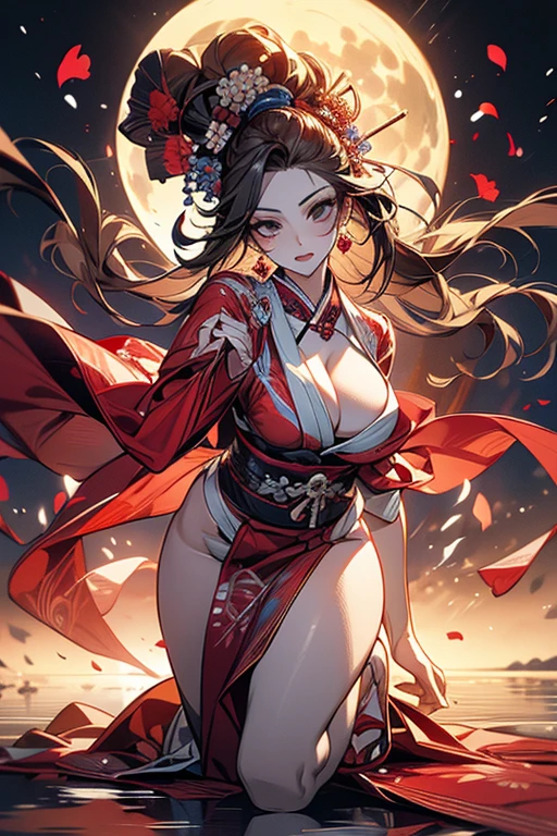 1 person female,Masterpiece,detailed body,Detailed facial expressions,Beautiful Face,A profusion of flowers,Flowers falling,Alluring,sex appeal,Japanese style,(Big red full moon)