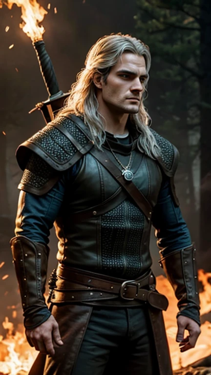 Man, witcher, henry cavill, fire all around, sparks, fire explosion, element, strength, Brutality, Blue eyes, vortex, energy, irresistible charm, weapon, high quality, masterpiece
