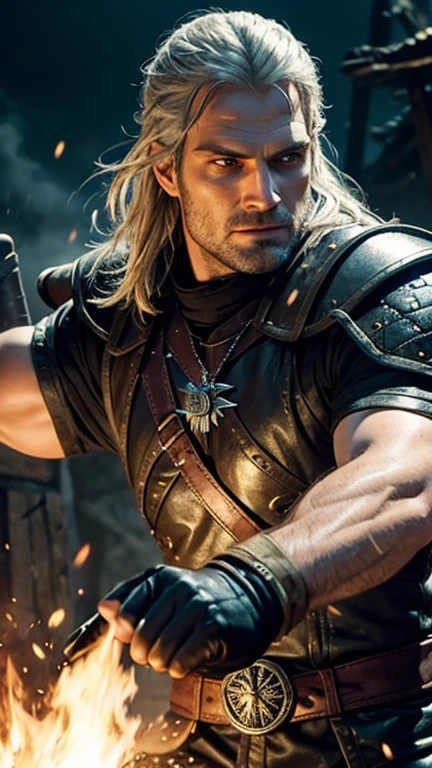 Man, witcher, henry cavill, direct gaze, fire all around, sparks, Fiery explosion, element, strength, Brutality, Blue eyes, vortex, energy, irresistible charm, weapon, high quality, masterpiece
