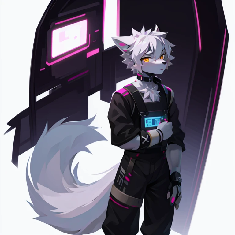 cyber punk perssonage,epcot,Tech style,solo person,White body,White ears,White hair,Overall white,Orange-yellow eyes,Wolf tail,Wolf orcs,Young,Wear a short-sleeved shirt,Ultra-clear screen,Soft lines