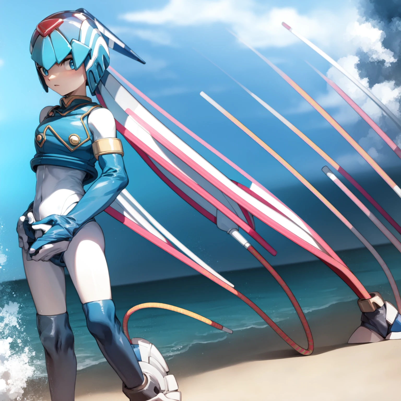 beach background, Standing, looking towards the sea flushed ,Blue eyes , no helmet , Blue hair, Gaming headphones worn on the head