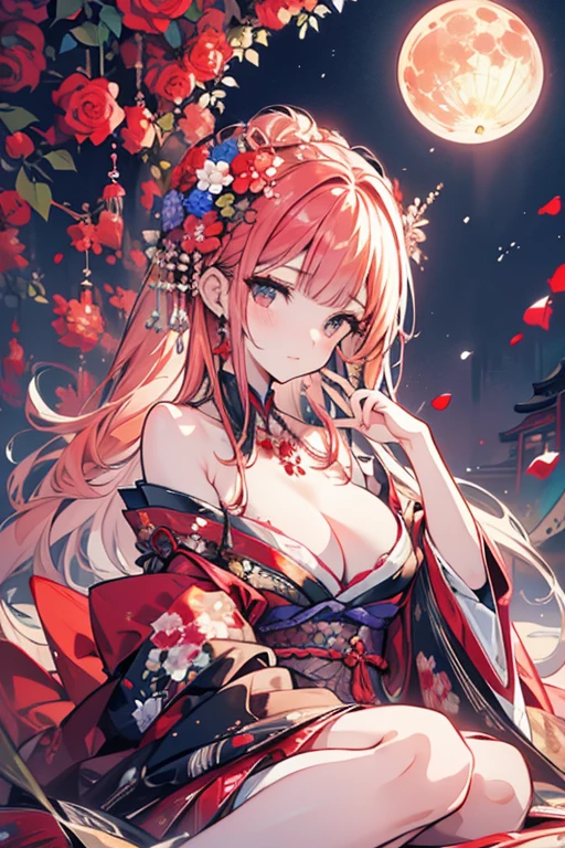 1 person female,Masterpiece,detailed body,Detailed facial expressions,Beautiful Face,A profusion of flowers,Flowers falling,Alluring,sex appeal,Japanese style,(Big red full moon)