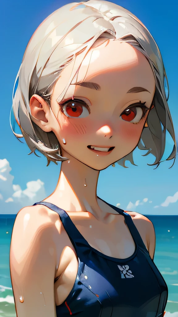 highest quality、Realistic、Japanese、Women、cute、Red eyes、short hair、Silver Hair、all back、Forehead is coming out、Strong winds、Ocean、Midsummer、Sweat、Sunburned skin、Blue swimsuit、joy、Grinning、face close up、Small breasts、slender