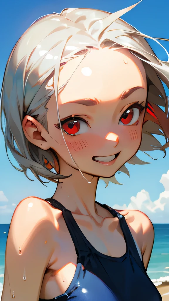 highest quality、Realistic、Japanese、Women、cute、Red eyes、short hair、Silver Hair、all back、Forehead is coming out、Strong winds、Ocean、Midsummer、Sweat、Sunburned skin、Blue swimsuit、joy、Grinning、face close up、Small breasts、slender