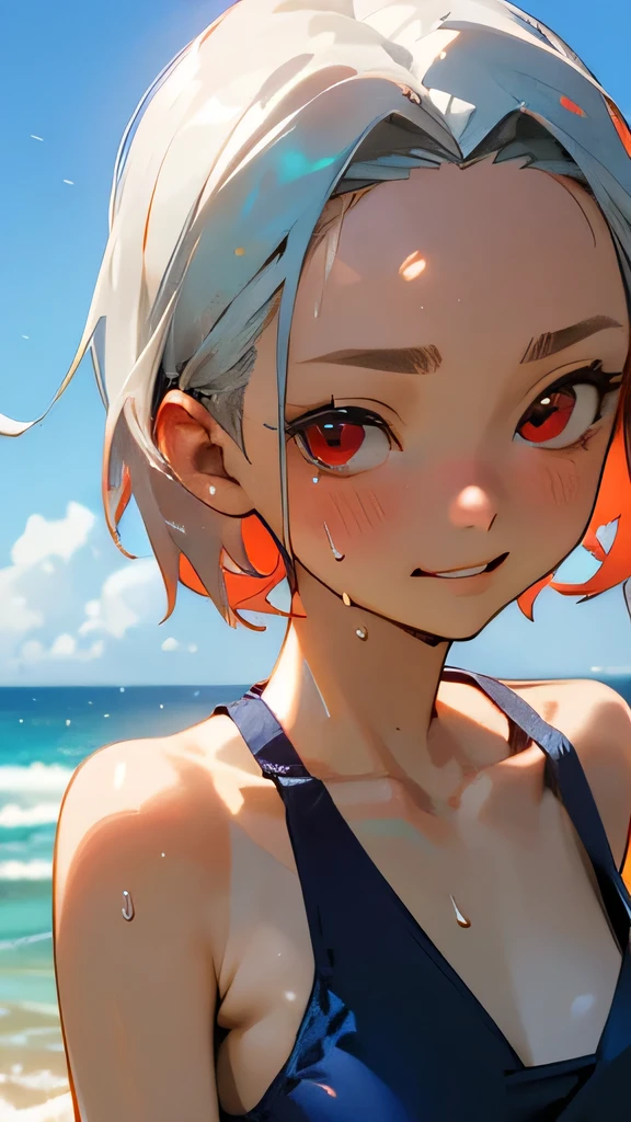 highest quality、Realistic、Japanese、Women、cute、Red eyes、short hair、Silver Hair、all back、Forehead is coming out、Strong winds、Ocean、Midsummer、Sweat、Sunburned skin、Blue swimsuit、joy、Grinning、face close up、Small breasts、slender