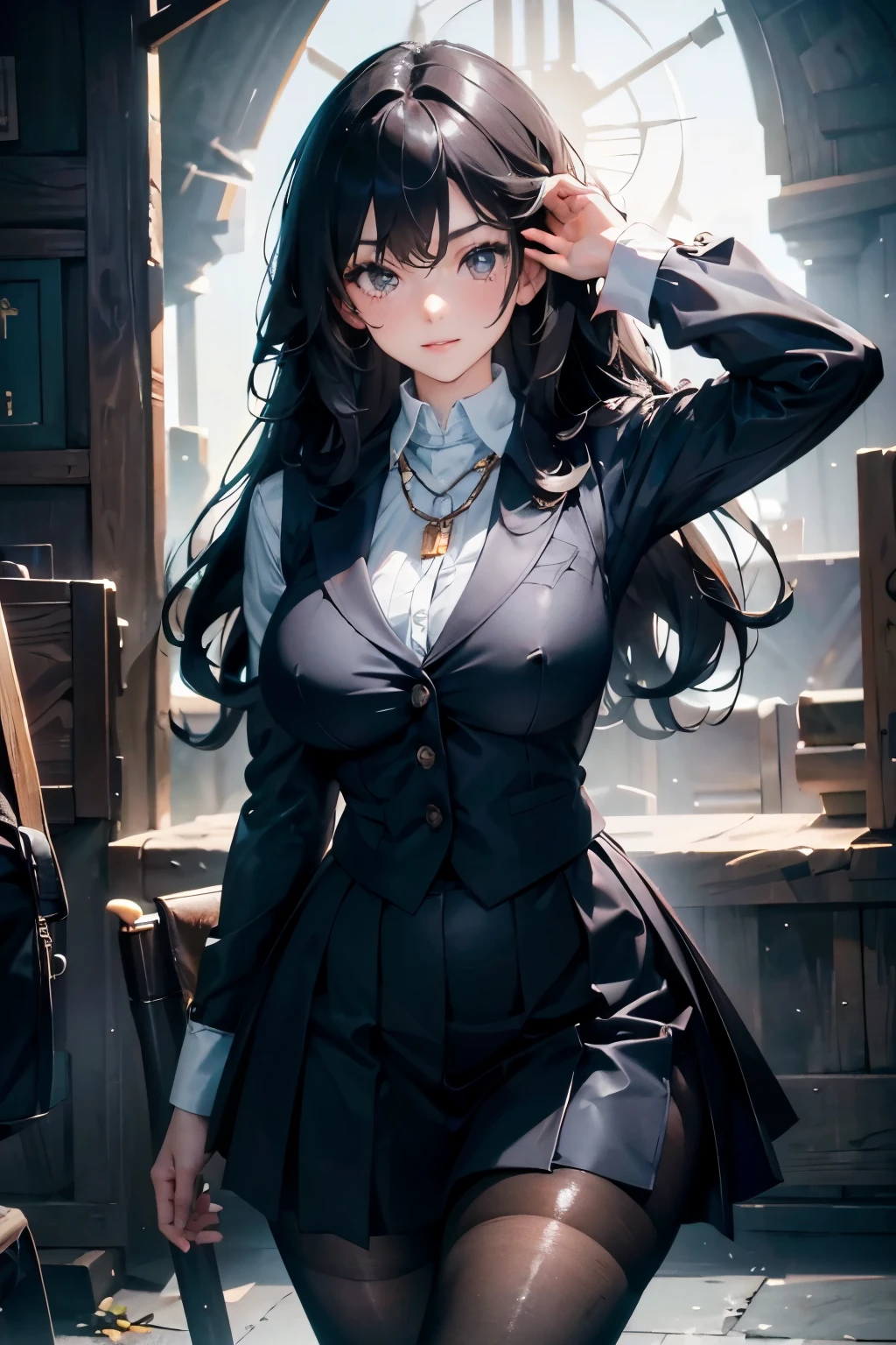 ((Long hair, Black Hair, Curls inside)), fair, fair woman, Perfect body, Perfect breasts, (Navy blue suit vest:1.8, Long Sleeve White Button-Down Shirt with Collar, Dark blue tight skirt:1.4, Black pantyhose:1.3, necklace), Department store:1.6, Looking at the audience, Smile, realism, masterpiece, rough skin , Ultra Detailed, High Detail, high quality, 最high quality, 1080p, 16K，（（Huge breasts）），Grooves reveal original skin