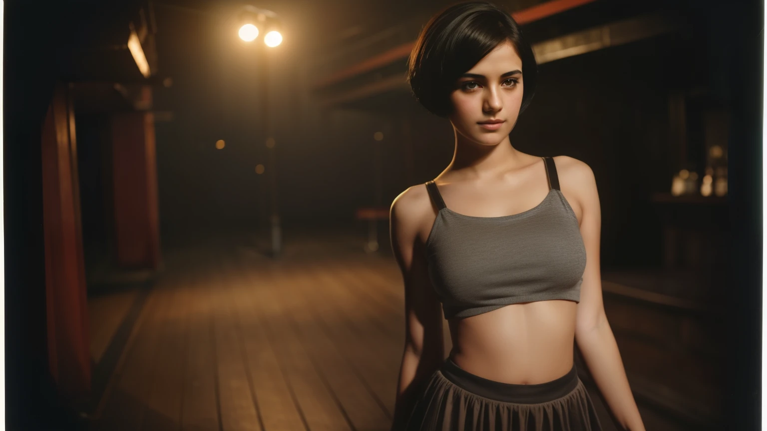 (Masterpiece) Delectable, delightful, delicious, beautiful, sensual, seduction, seductively sexy, cute, attractive, 18 year old black haired girl.(short cropped hair), Cropped shirt, midriff visible, , skirt :: :: very smokey nightclub, flashing coloured lights, looking at viewer, very old photograph :: mute Faded colours :: Polaroid photography, vintage sepia photography, outdoor photography, extremely inviting look, front look, looking at the camera, very old and torned photo