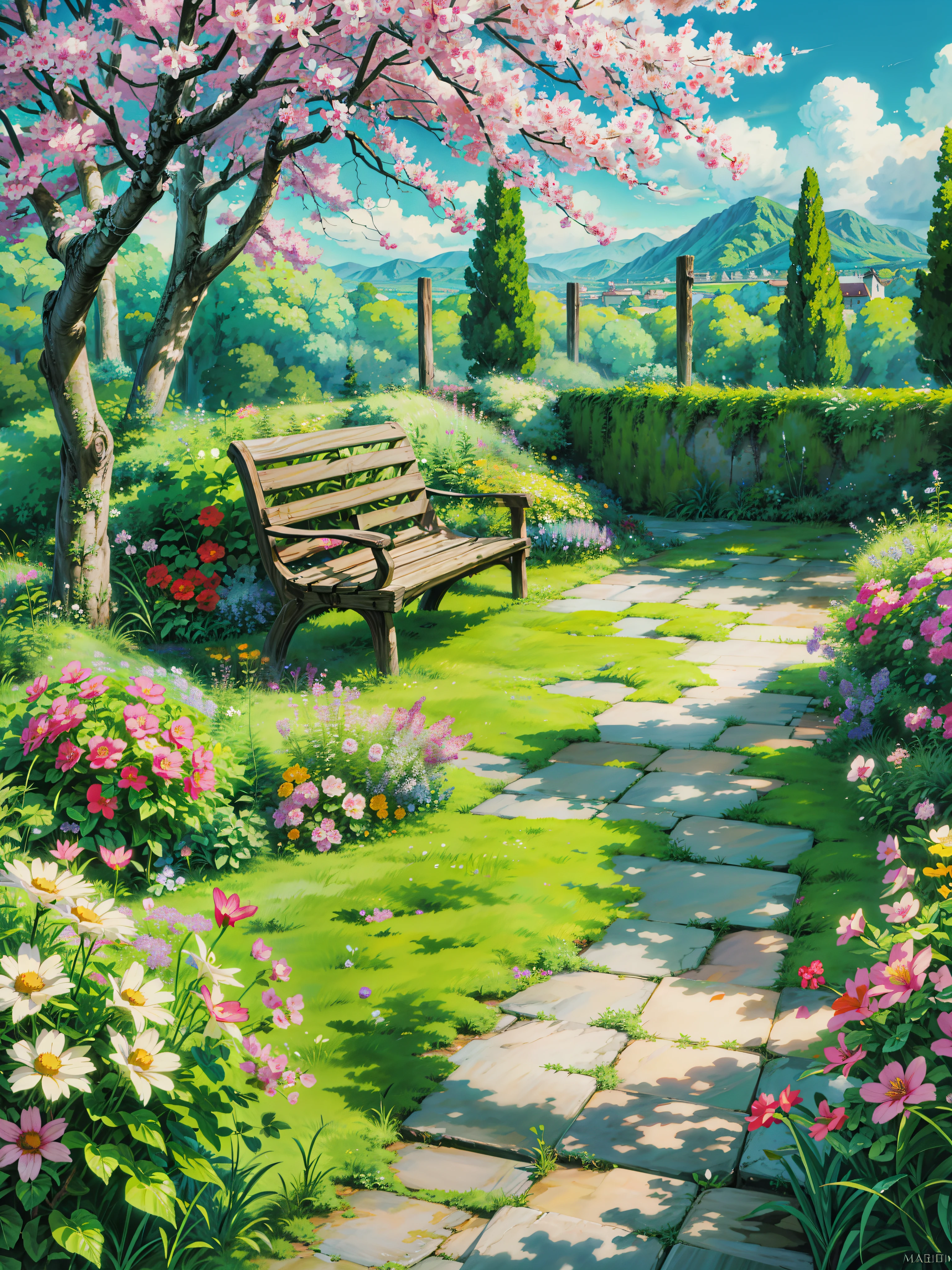 a painting of a garden with flowers and a bench, anime beautiful peace scene, anime scenery, anime landscape, anime. by makoto shinkai, anime nature wallpap, studio glibly makoto shinkai, makoto shinkai and (cain kuga), by makoto shinkai, by Makoto Shinkai, anime landscape wallpaper, 4k hd, beautiful art uhd 4 k, a beautiful artwork illustration, beautiful digital painting, highly detailed digital painting, beautiful digital artwork, detailed painting 4 k, very detailed digital painting, rich picturesque colors, gorgeous digital painting