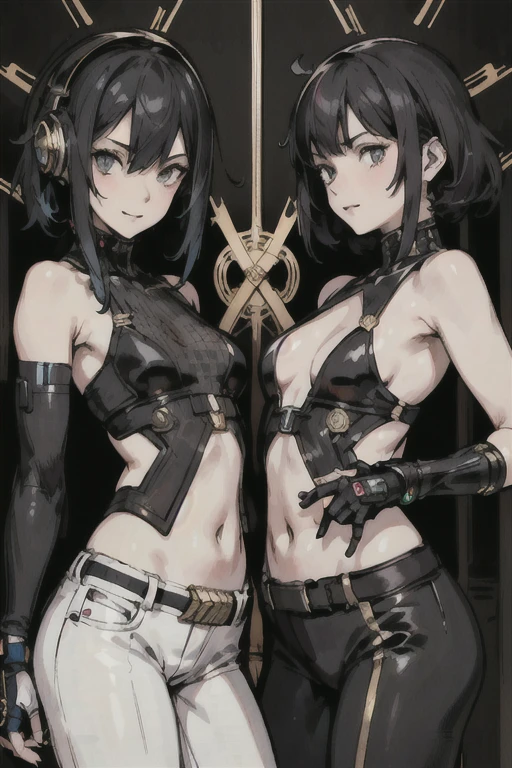 (High resolution), (Ultra delicate), (clear), Realistic，((A girl with black hair and gold inner color)).((cyber punk)），face，Skin realism、A fusion of Japanese style and the near future、white hot pants、Punch the camera