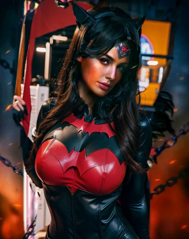  comic book, (comic style), (seductive girl, brunette), on the cover of a comic book, curvaceous figure, erotic superhero outfit, red and black tones,  (vibrant  color), (intricate details), exposure blend, bokeh, dim light, (hdr:1.4), high contrast, (muted colors, dim colors, soothing tones:1.3), low saturation, morbid