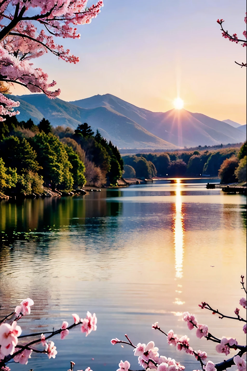 Lake surface at sunset　Cherry blossom petals fluttering　Awesome Wallpapers　Landscape without people　Nostalgic scene　Highly detailed digital art in 4K　Burning sky