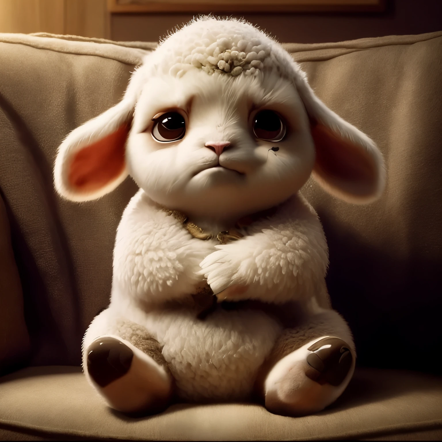 A stuffed goat sits on the sofa，脸上with sad expression, Lovely数字,，He is shedding tears， Lovely 3 d render, Human-lamb hybrid, with sad expression, Lovely detailed digital art, Lovely digital art, Wojtek Fuss, Lovely anthropomorphic bunny, Cartoon, High quality wallpaper, 3 d Cartoon, Bad Bunny, Lovely! C4D