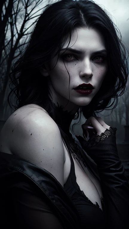 Vampire woman, abandoned graveyard, emerging from shadows, ethereal beauty, sinister aura, silent grace, intense gaze, moonlit atmosphere, artist: Annie Leibovitz, style: dramatic portraiture, medium: digital photography, type: character portrait, color scheme: monochromatic with emphasis on cool tones, lighting: moody moonlight highlighting contrast.