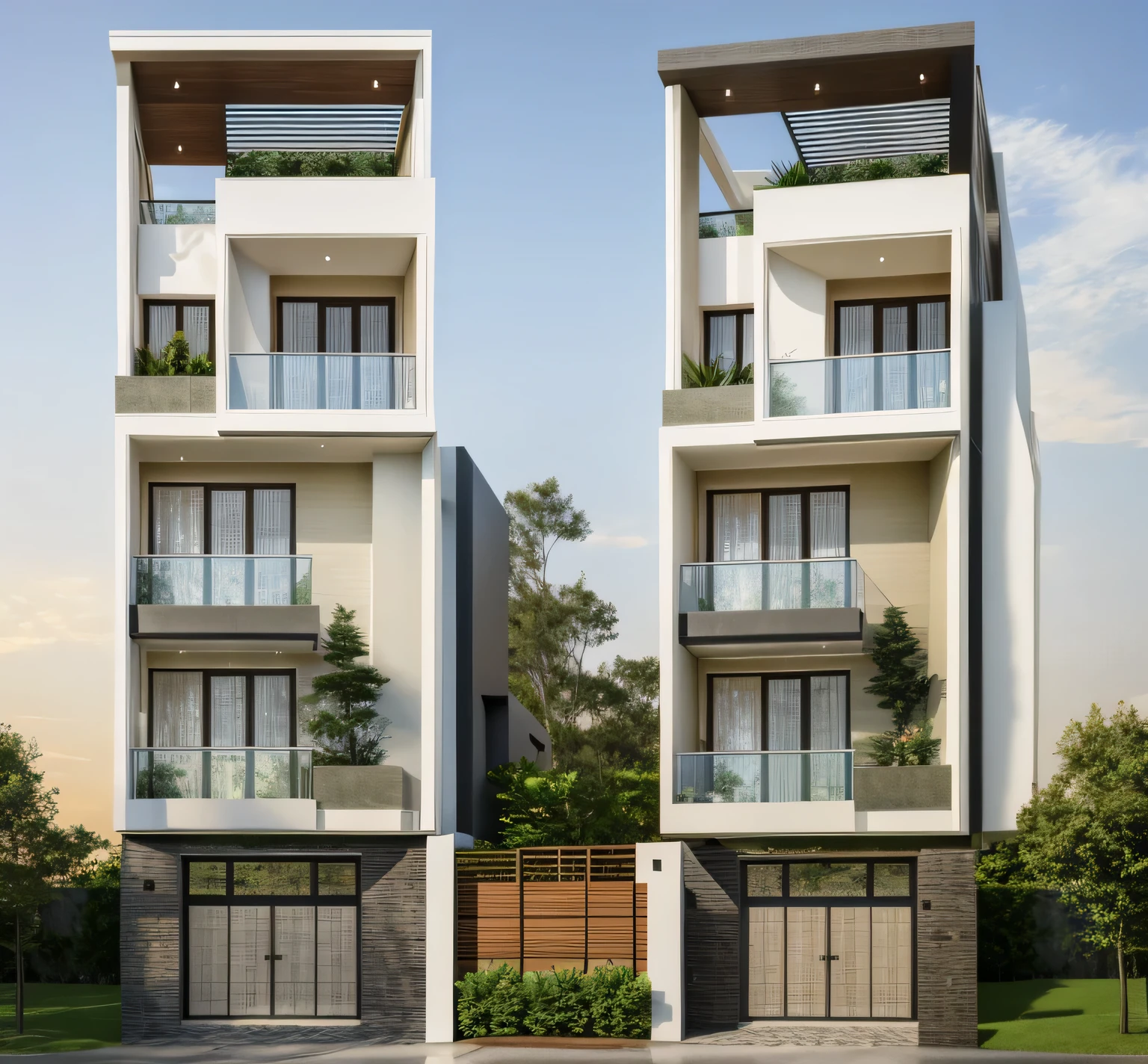 Exterior of house, mordern material decorations, (canopy in front of house:1.4), (a road in front of house:1.3), tree, sky, cloud, morning weather.
