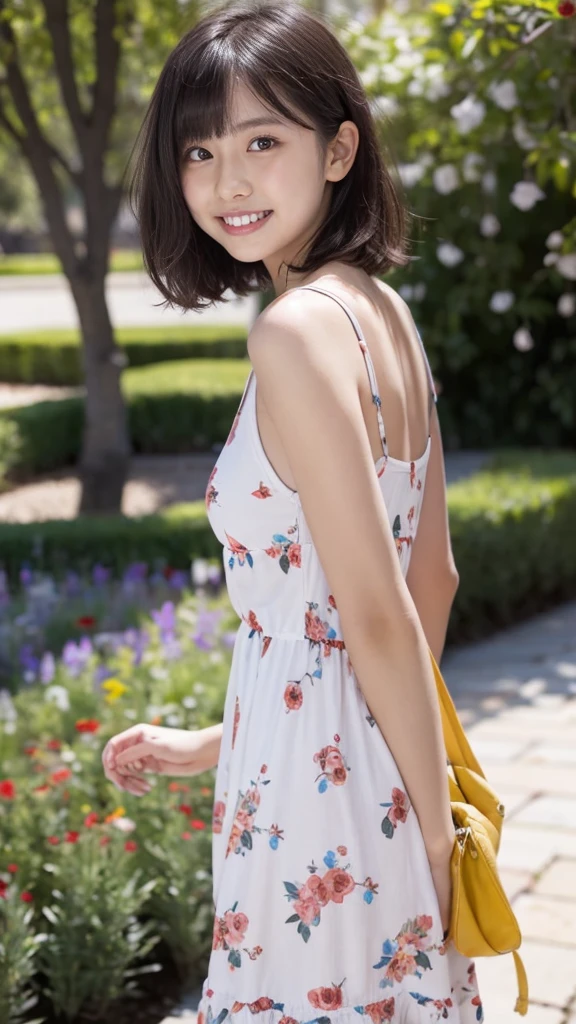 masterpiece, highest quality, disorganized, perfect anatomy, 1 girl, alone, pascal tales, short hair, beautiful, Hilarious, sunny day, botanical garden, Summer winds, sundress, Floral, wavy hair, smile