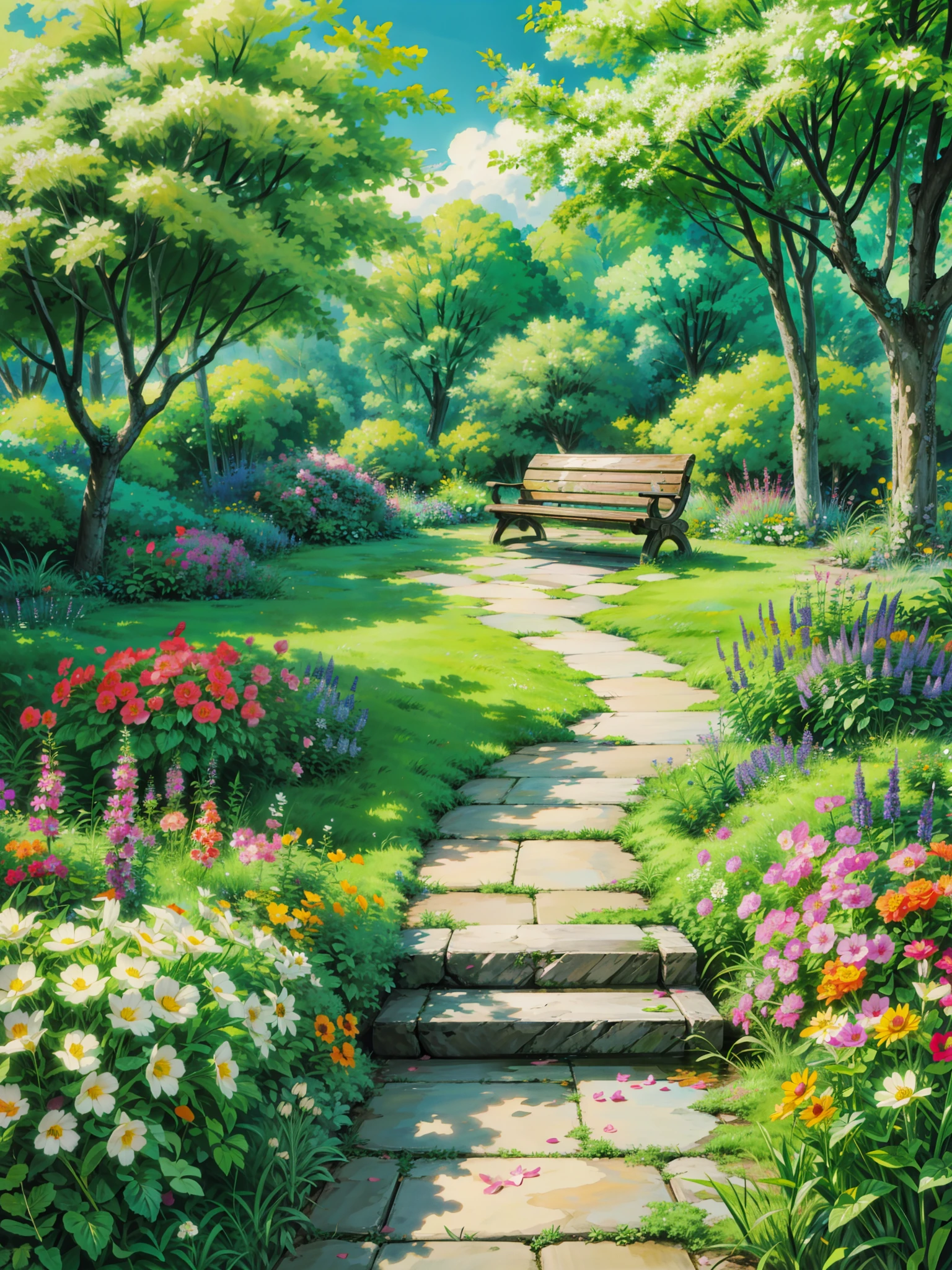 a painting of a garden with flowers and a bench, anime beautiful peace scene, anime scenery, anime landscape, anime. by makoto shinkai, anime nature wallpap, studio glibly makoto shinkai, makoto shinkai and (cain kuga), by makoto shinkai, by Makoto Shinkai, anime landscape wallpaper, 4k hd, beautiful art uhd 4 k, a beautiful artwork illustration, beautiful digital painting, highly detailed digital painting, beautiful digital artwork, detailed painting 4 k, very detailed digital painting, rich picturesque colors, gorgeous digital painting
