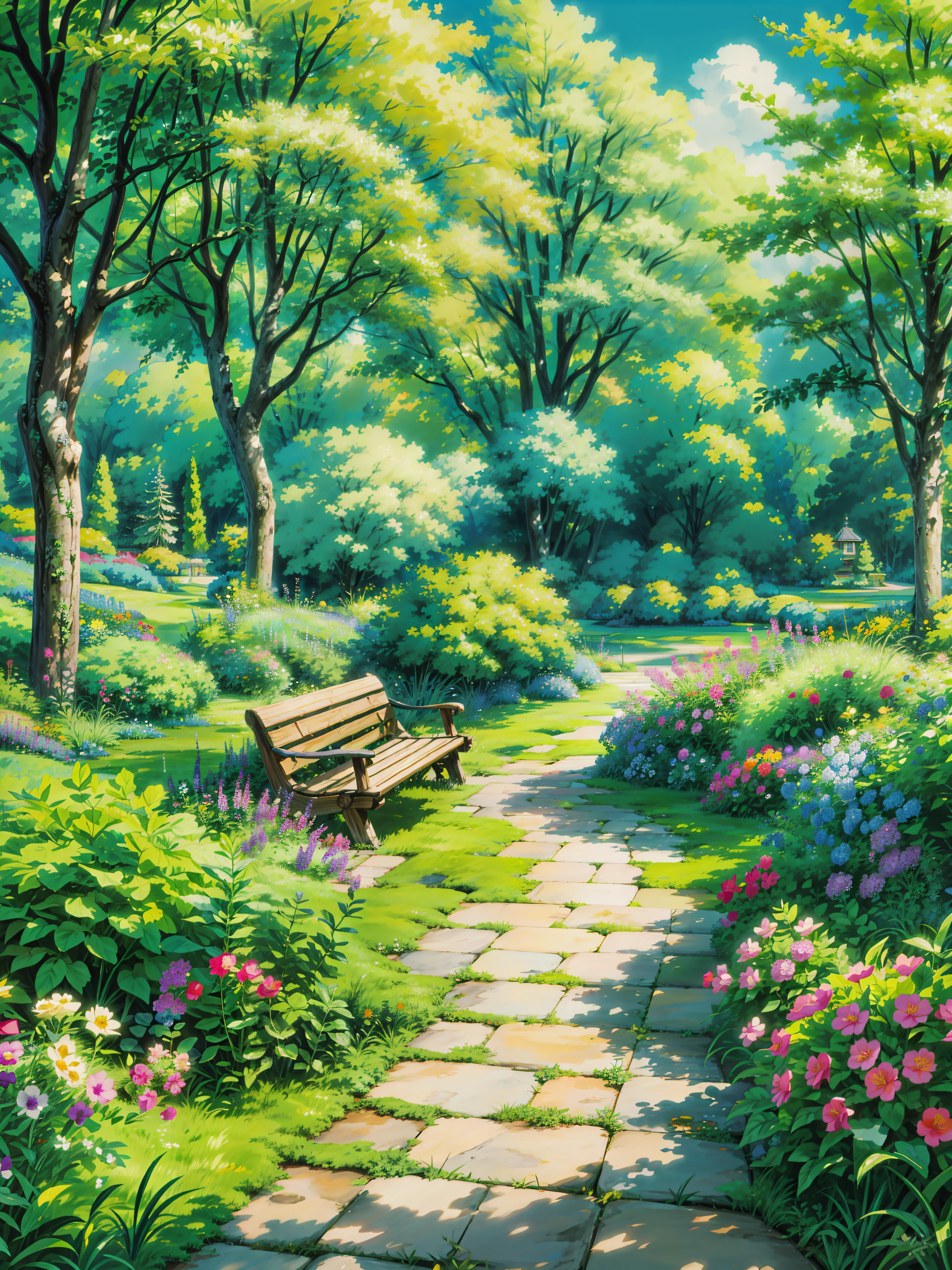 a painting of a garden with flowers and a bench, anime beautiful peace scene, anime scenery, anime landscape, anime. by makoto shinkai, anime nature wallpap, studio glibly makoto shinkai, makoto shinkai and (cain kuga), by makoto shinkai, by Makoto Shinkai, anime landscape wallpaper, 4k hd, beautiful art uhd 4 k, a beautiful artwork illustration, beautiful digital painting, highly detailed digital painting, beautiful digital artwork, detailed painting 4 k, very detailed digital painting, rich picturesque colors, gorgeous digital painting