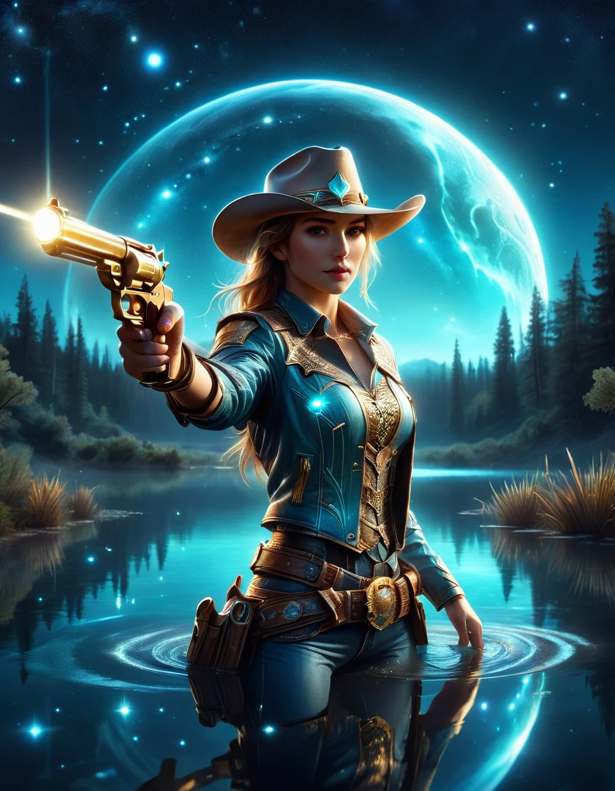 (Pond in the Galactic Universe), (Panorama: 1.4), (Beautiful pond in interstellar darkness), Starlight illuminates the pond, (1girl), (in western cowboy costume), (cyberpunk cowboy costume), futuristic technology interstellar cowboy, shining in the moonlight, gun in both hands, aiming at you, (ultra-detailed: 1.5), (cowgirl glow in the water: 1.2), starlight poetic, dream, fantasy, dark environment Soft moonlight reflected in the water, 8K, ultra-realistic, very, beautiful digital artwork, (light blue, cyan, gold: 1.2), realistic digital art, soft light, (very : 1.4), ((masterpiece)), (exquisite detail, beautiful: 1.3), (1.4 times realistic)