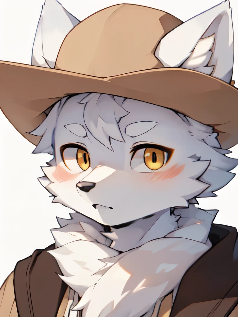 ((Best picture quality)),masterpiece,The only person,Ultra Detailed,(Male Arctic fox:1.5), (White skin:1.3), hairy,((Golden pupils)),(White fur:1.3) ,(Gray ears),(hairy 动物 耳朵s),美国cowboy,cowboy,wearing coat,戴着cowboy帽,Hat with ears showing,Detailed face,Detailed clothes,Upper part of the body,Character Close-up