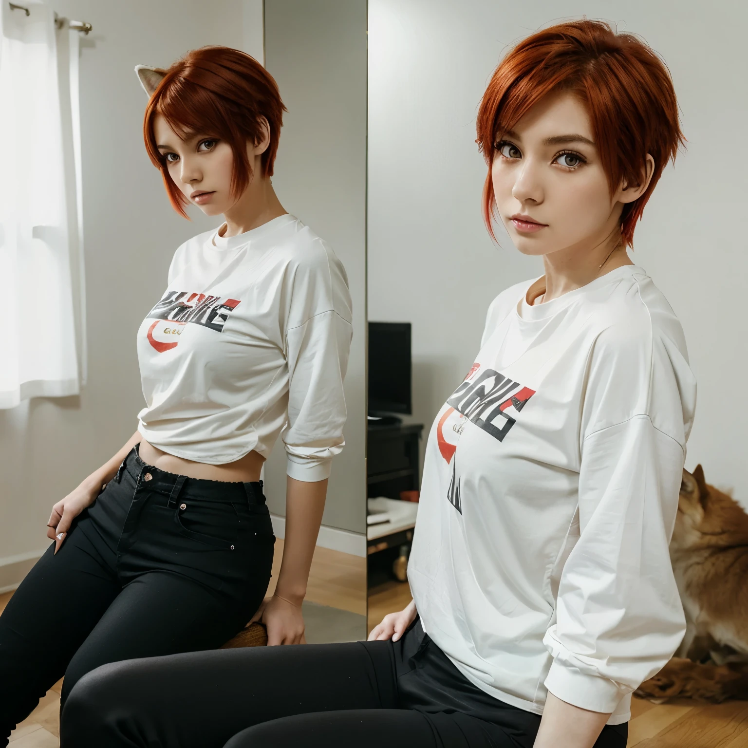 anime girl with bright red wolf cut hair, sharp golden eyes and big white 80’ shirt and black tight pants