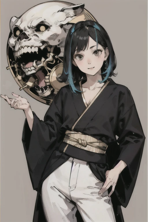 (High resolution), (Ultra delicate), (clear), Realistic,((A girl with black hair and gold inner color)),face,Skin realism、A fusion of Japanese style and the near future、white hot pants、