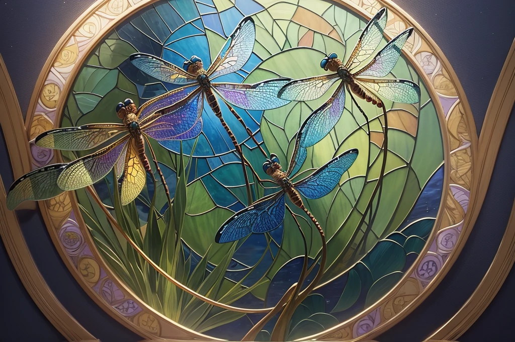 Close-up of three dragonflies sitting on flowers in a pond, one large and two smaller, inspired by Louis Comfort Tiffany's mosaics, Cloisonne, stained glass art, award-winning masterpiece, glass mosaics, breathtaking details, dragonflies, masterpieces of stained glass, by Maxim Willey Verehin) stained glass, stunning, stained glass wings, dragonfly-shaped, dragonfly-shaped, dragonfly-shaped, stunning details, the color of the picture should be rich and bright, try to avoid regular lines in the picture, such as circles, squares, triangles, etc.