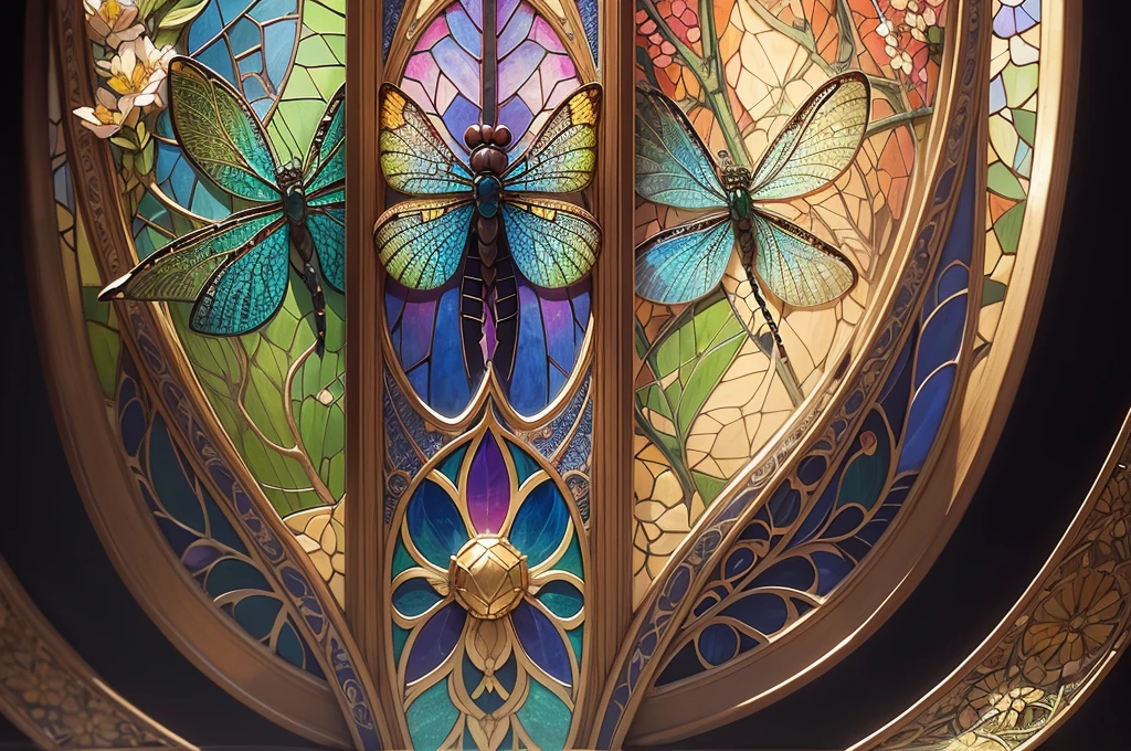 Close-up of three dragonflies sitting on flowers in a pond, one large and two smaller, inspired by Louis Comfort Tiffany's mosaics, Cloisonne, stained glass art, award-winning masterpiece, glass mosaics, breathtaking details, dragonflies, masterpieces of stained glass, by Maxim Willey Verehin) stained glass, stunning, stained glass wings, dragonfly-shaped, dragonfly-shaped, dragonfly-shaped, stunning details, the color of the picture should be rich and bright, try to avoid regular lines in the picture, such as circles, squares, triangles, etc.