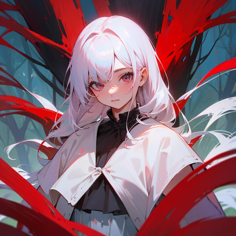 Chica de cabello blanco y capa roja en un bosque